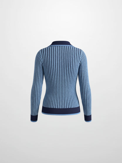 Two Tone Ribbed Polo Sweater-Blue