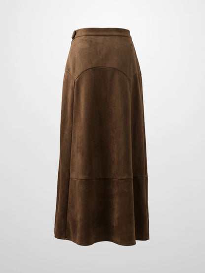 Curved Yoke Faux Suede Skirt - Brown
