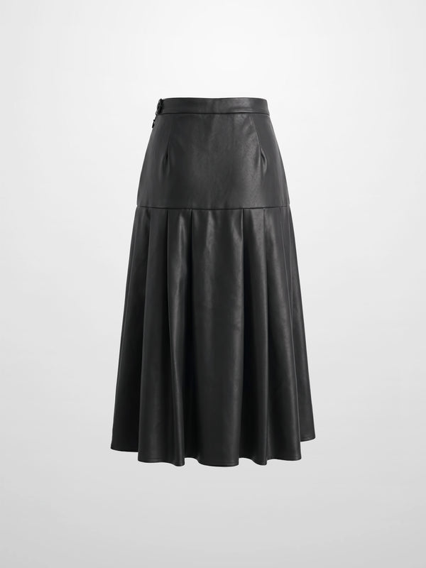 Yoke Faux Leather Pleat Skirt - Black