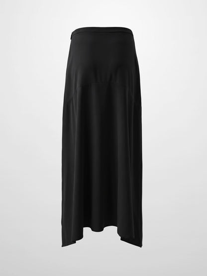 Curved Yoke Faux Satin Skirt - Black