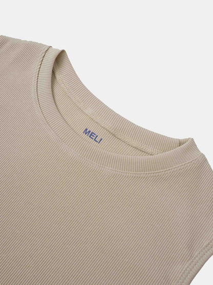RIBBED CREW SLEEVELESS SHELL-TAN