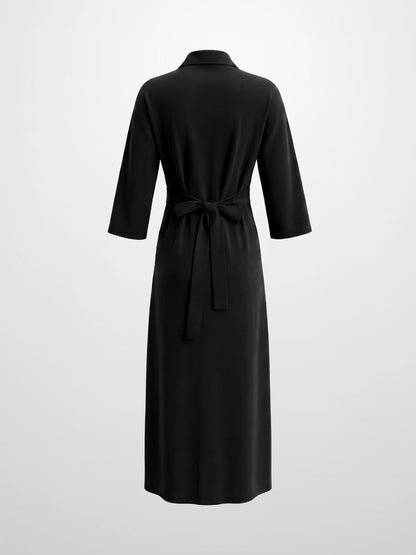 Waist Tie Button Down T-Shirt Dress-Black