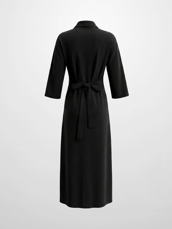 Waist Tie Button Down T-Shirt Dress-Black