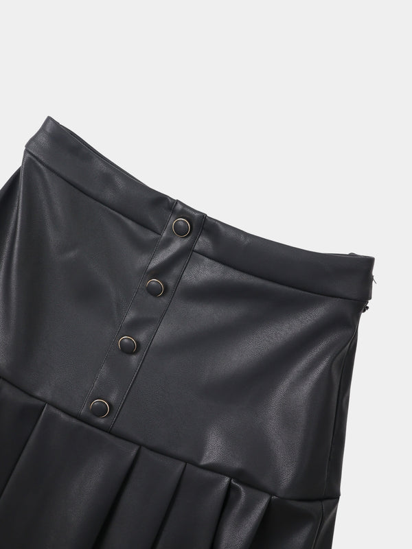 Yoke Faux Leather Pleat Skirt - Black