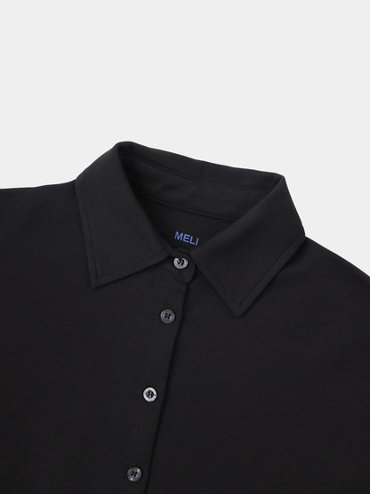 Waist Tie Button Down T-Shirt-Black