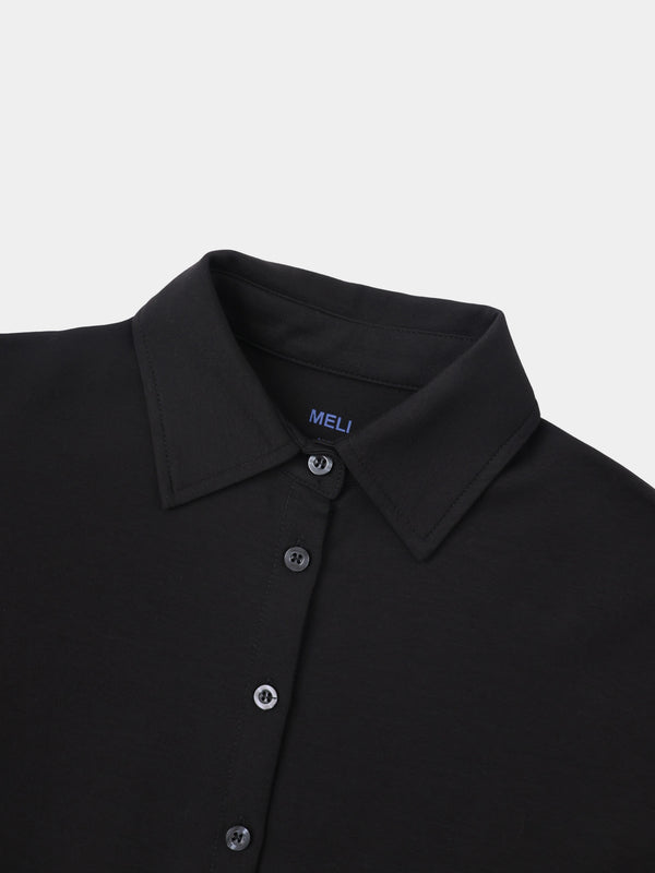 Waist Tie Button Down T-Shirt-Black