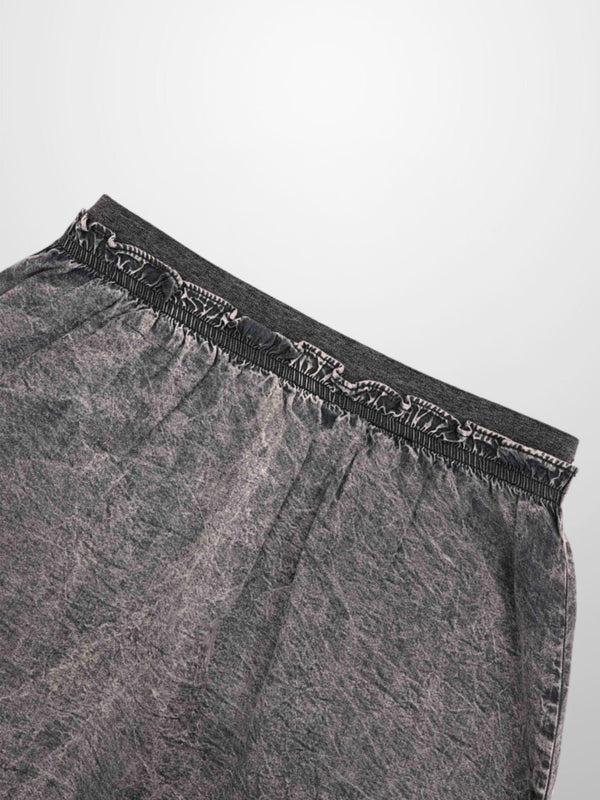 Elastic Ruffle Waist Denim Skirt-Black Wash