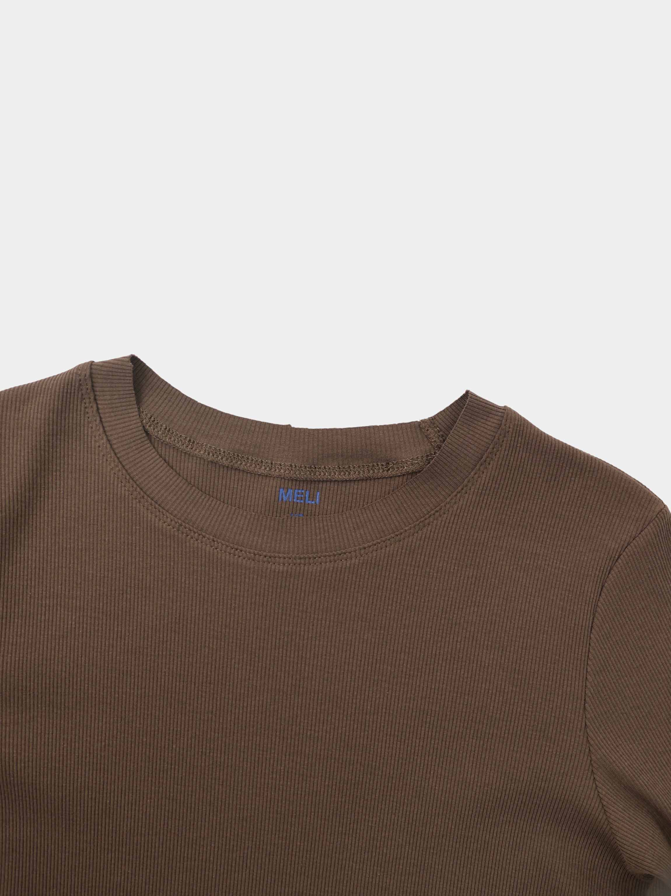 Rounded Hem Ribbed T-Shirt-Brown