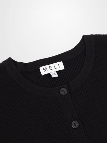 Ribbed Crew Neck Cardigan-Black