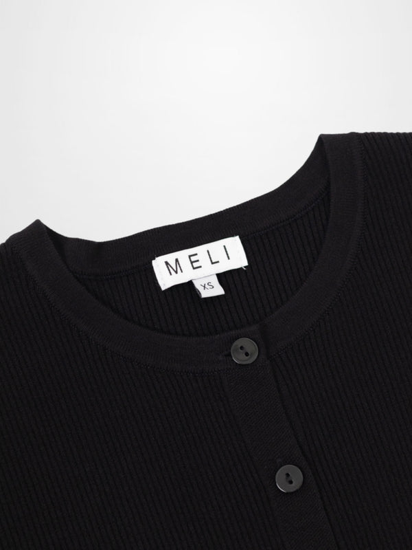 Ribbed Crew Neck Cardigan-Black