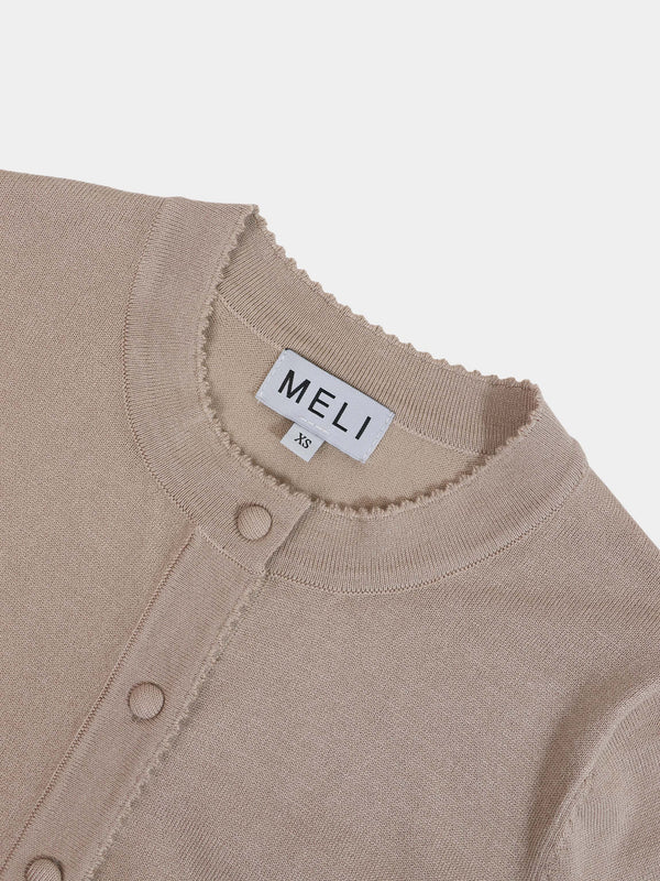 Trim Detail Crew Crop Cardigan-Heathered Latte