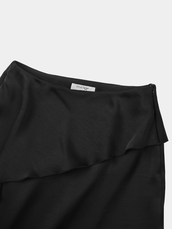 Faux Satin Ruffle Skirt - Black