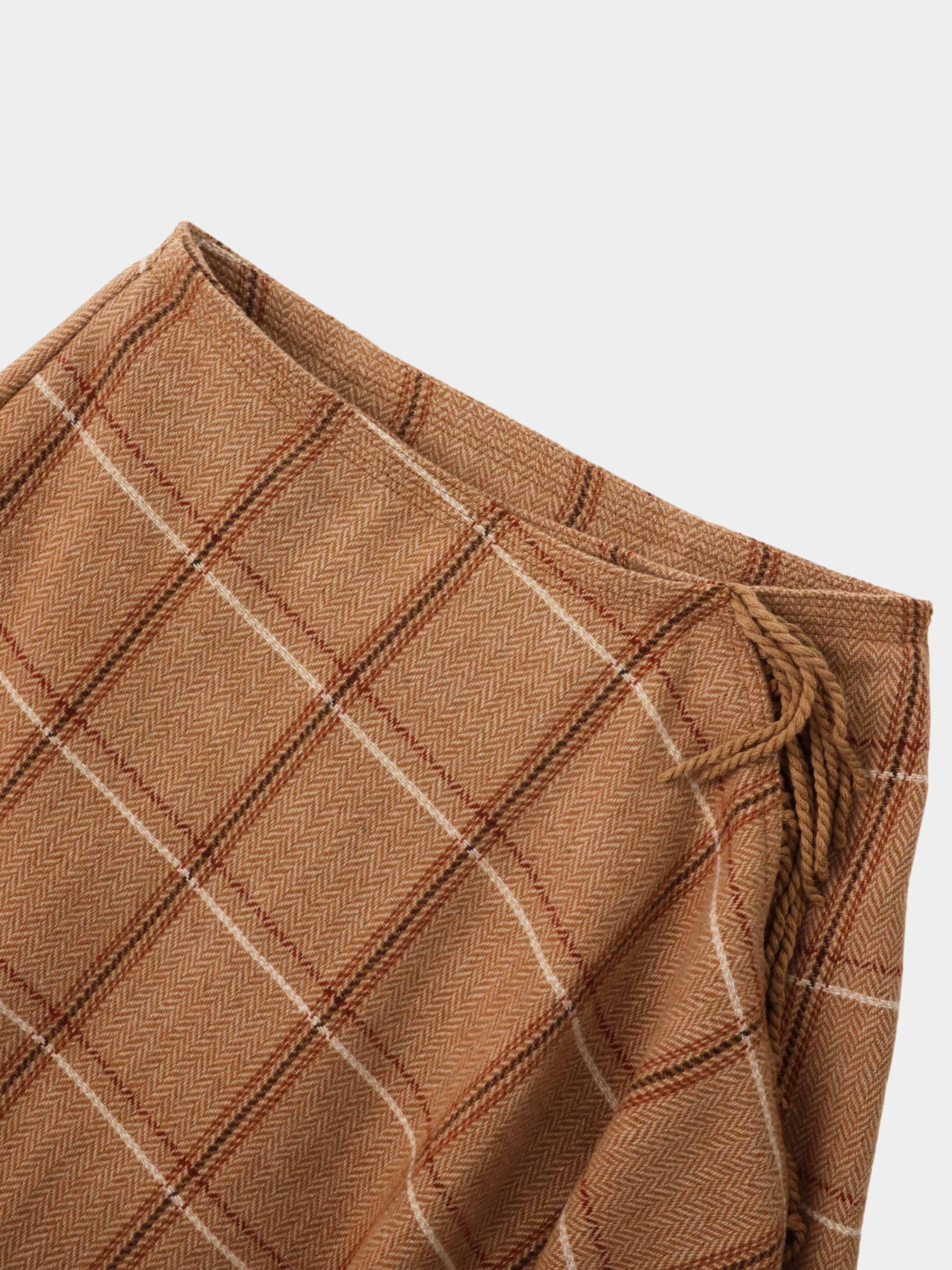 Tassel Mock Wrap Skirt - Camel Plaid