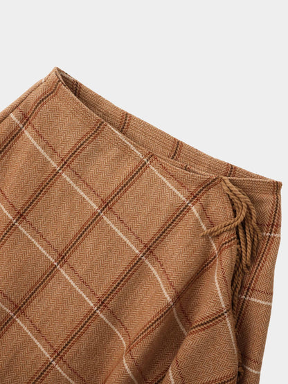 Tassel Mock Wrap Skirt - Camel Plaid