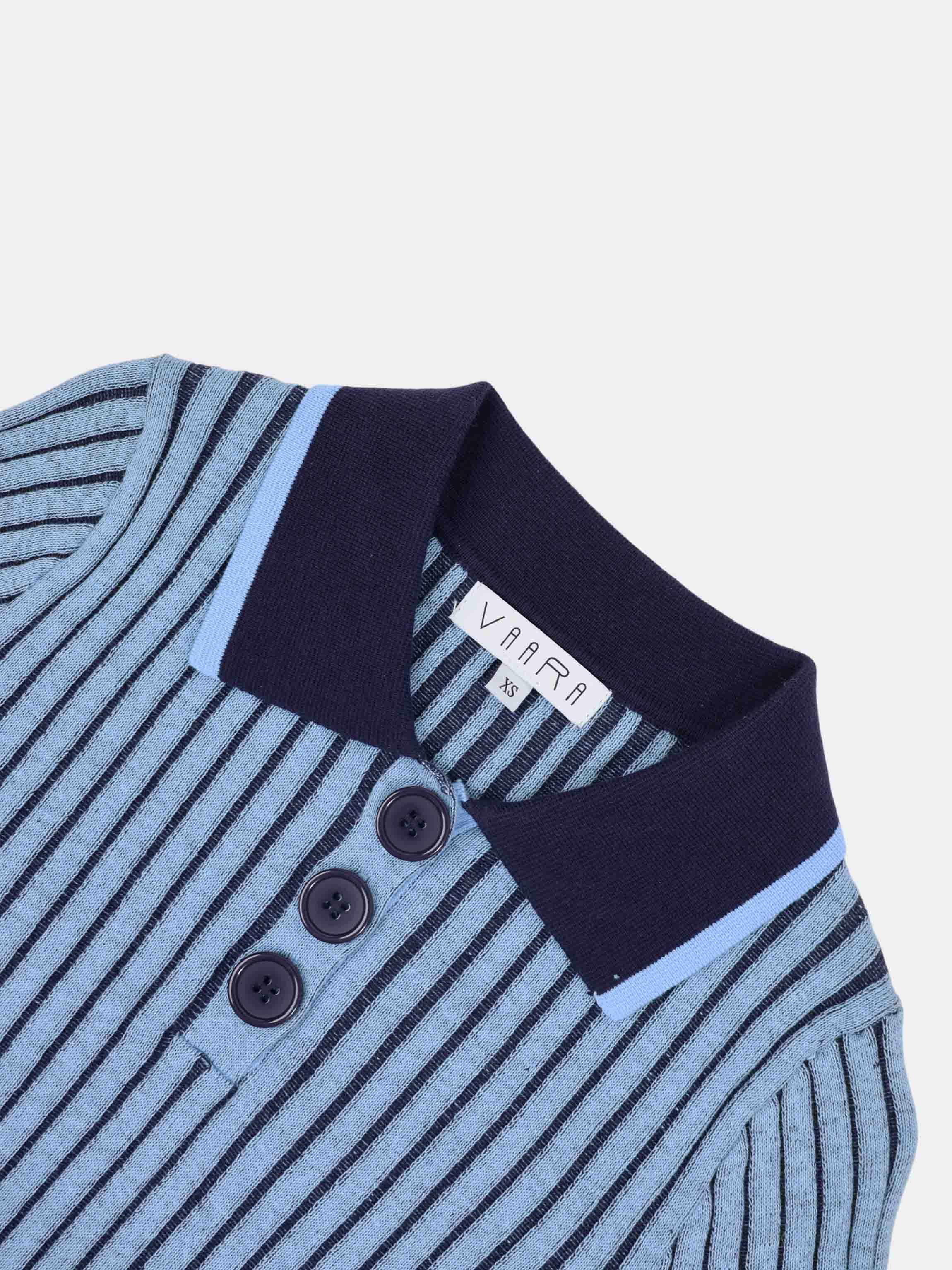 Two Tone Ribbed Polo Sweater-Blue