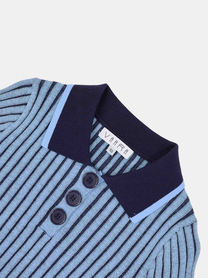 Two Tone Ribbed Polo Sweater-Blue