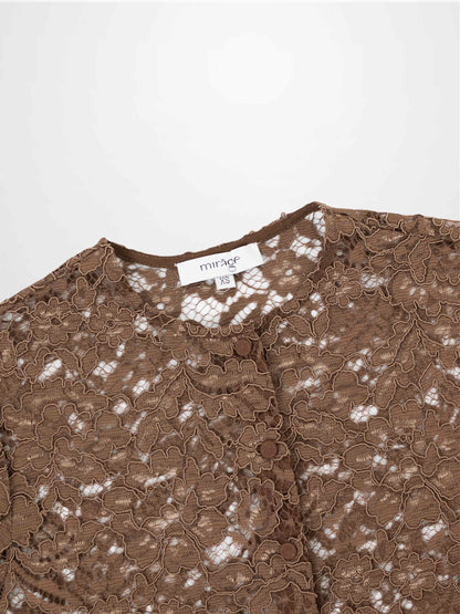 Lace Button Down Cardigan Top-Brown