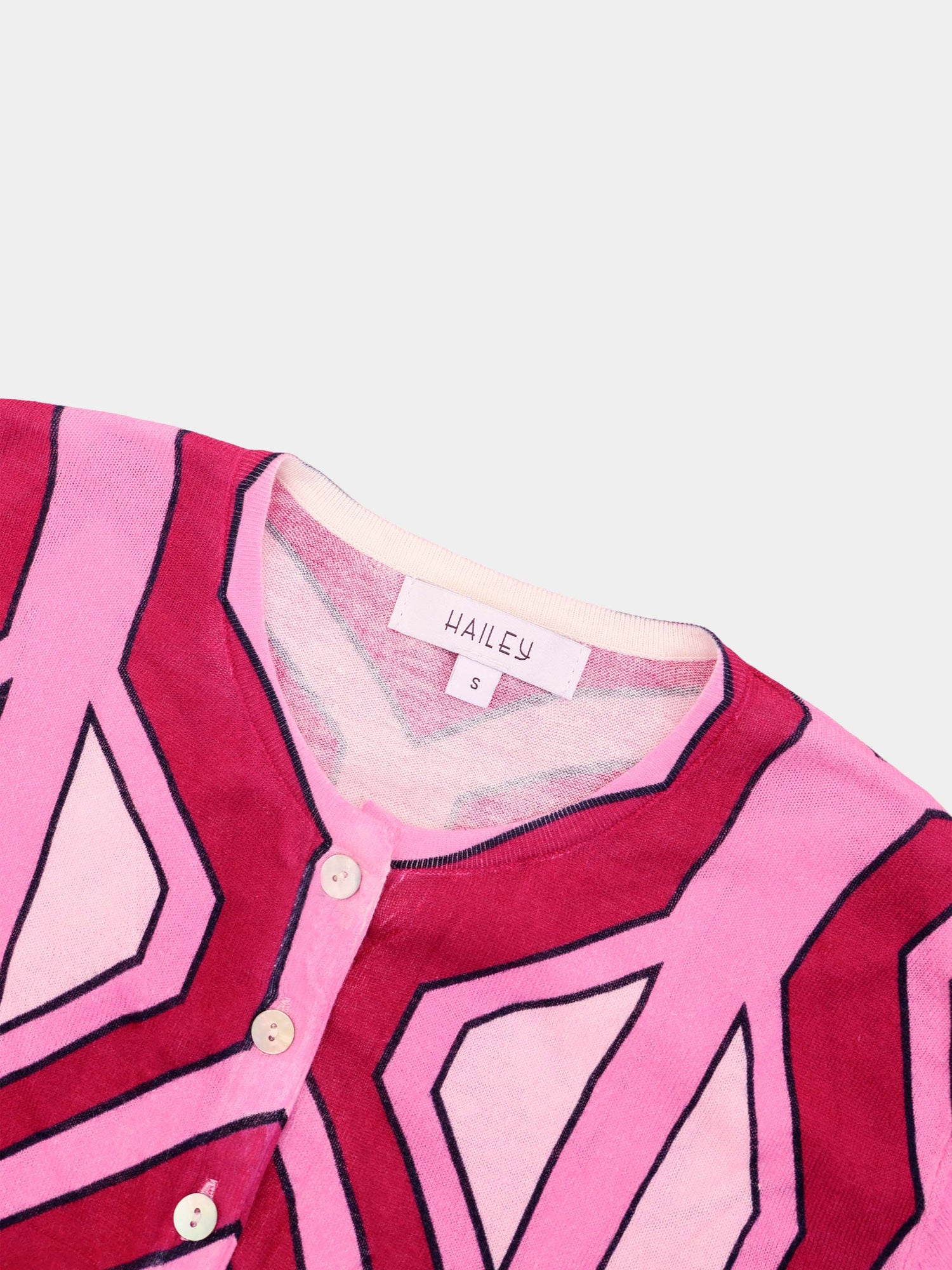 Printed Thin Button-Down Crew Cardigan-Pink Geometric
