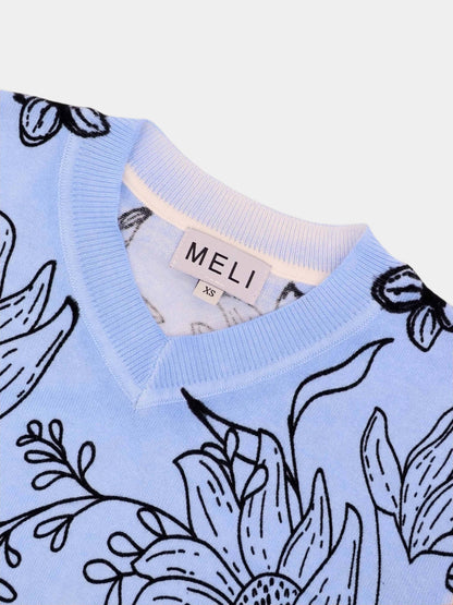 Printed High V Lightweight Sweater-Sketch Flower