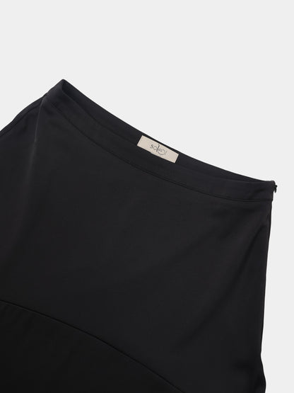 Curved Yoke Faux Satin Skirt - Black