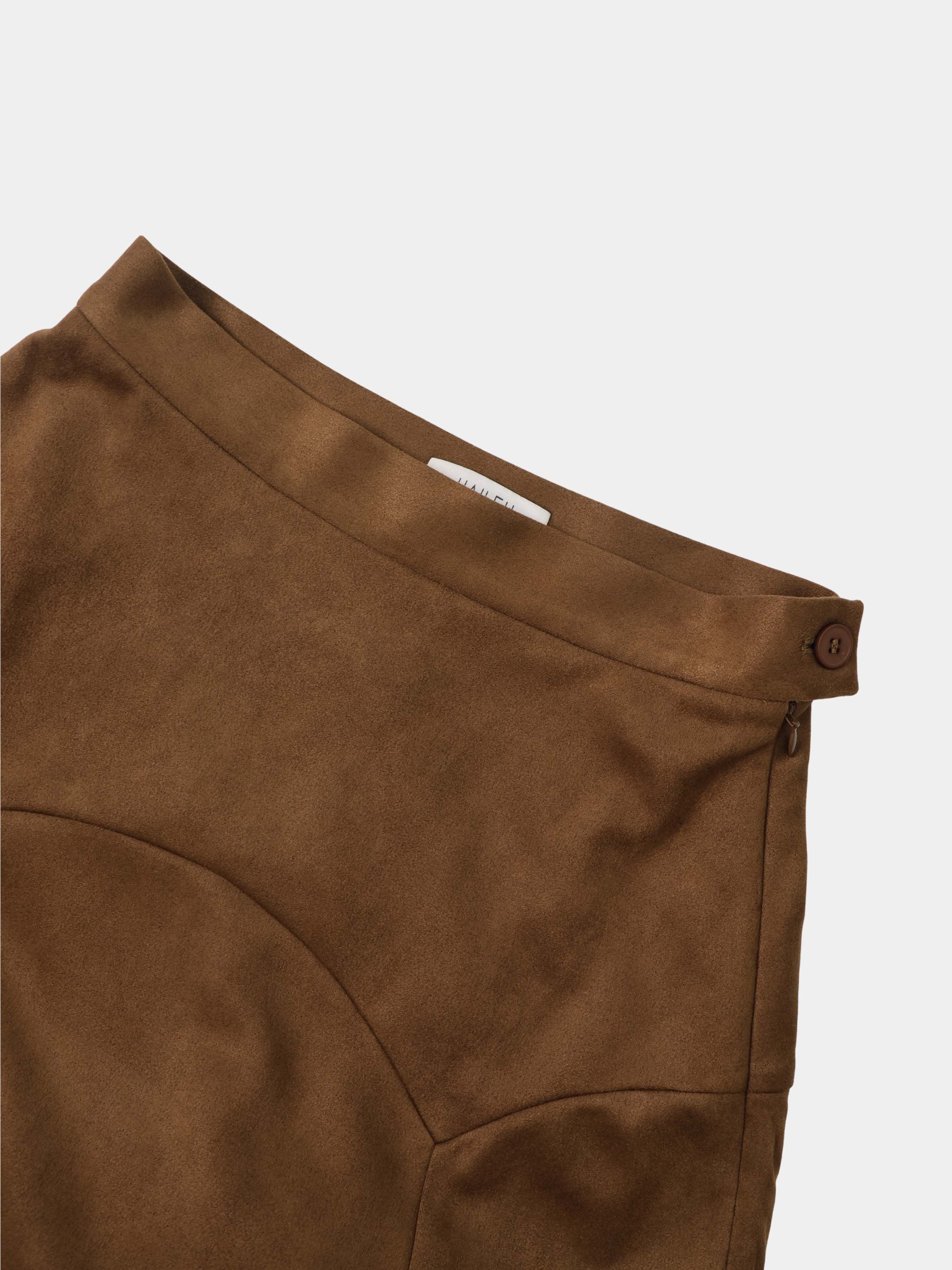 Curved Yoke Faux Suede Skirt - Brown