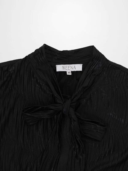 Shimmer Texture Bow Blouse-Black/Black