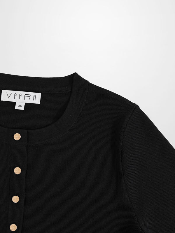 Gold Button Crop Cardigan-Black