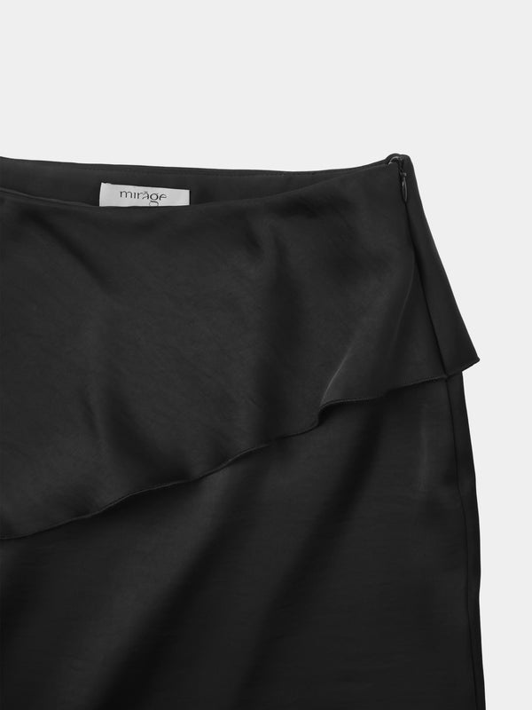 Faux Satin Ruffle Skirt - Black