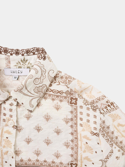 Button Down Collared Blouse-Brown Bandana