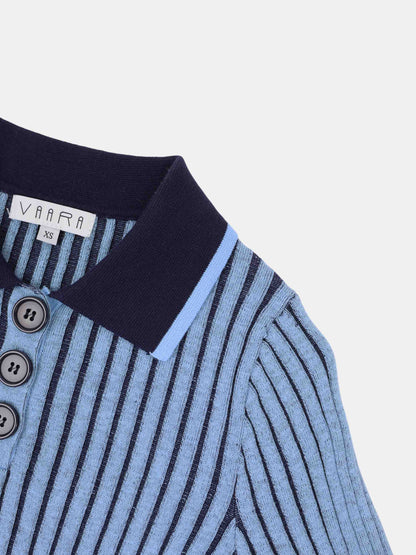 Two Tone Ribbed Polo Sweater-Blue