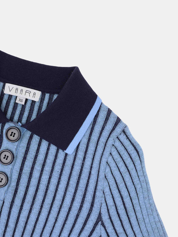 Two Tone Ribbed Polo Sweater-Blue
