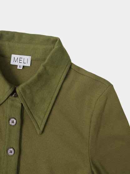 Ribbed Button Down Shirt-Olive
