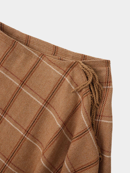 Tassel Mock Wrap Skirt - Camel Plaid