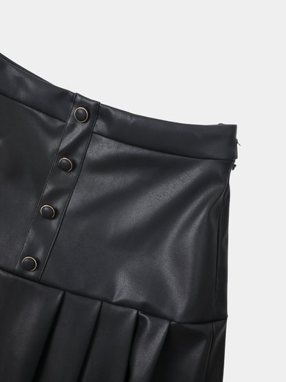 Yoke Faux Leather Pleat Skirt - Black