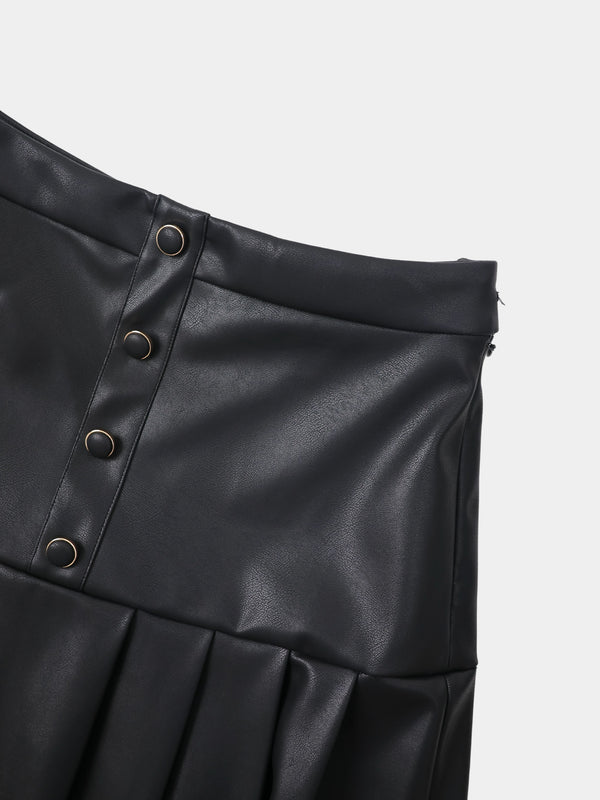 Yoke Faux Leather Pleat Skirt - Black