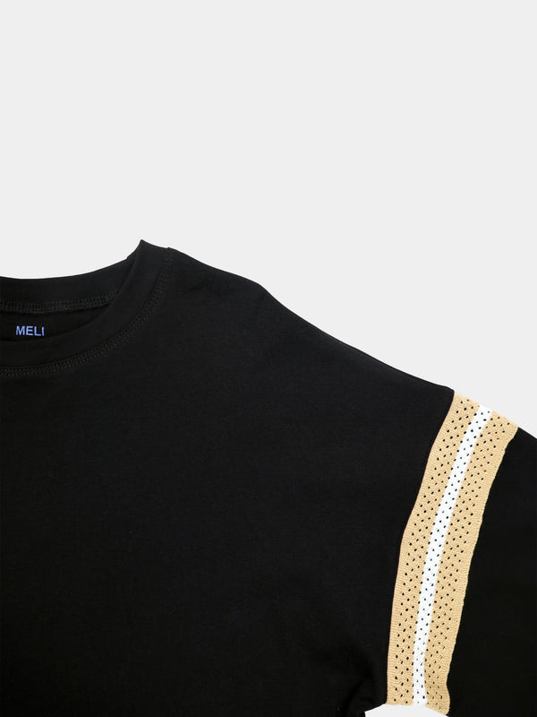 Crochet Stripe Boxy Tee-Black/Tan/White