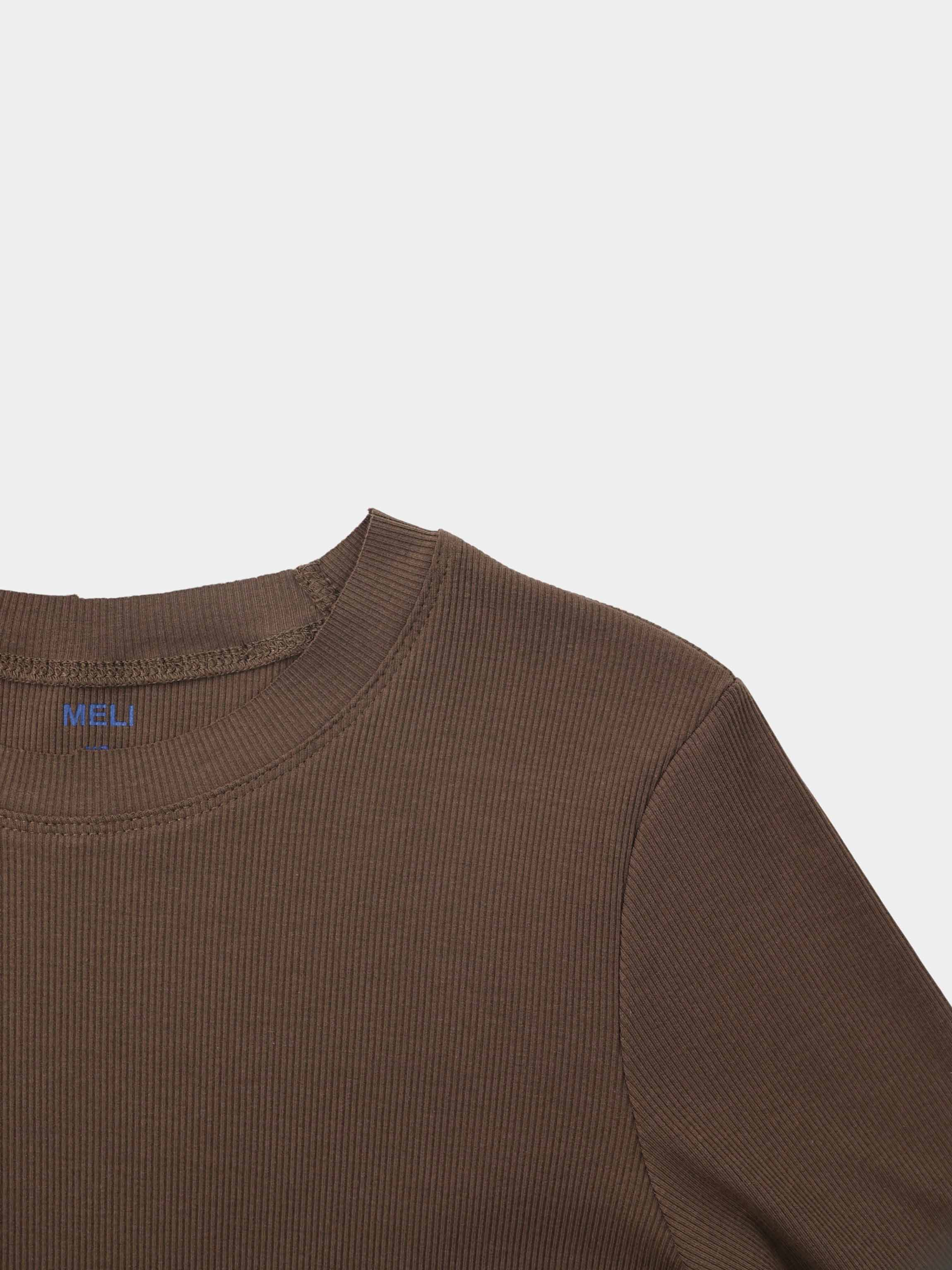 Rounded Hem Ribbed T-Shirt-Brown