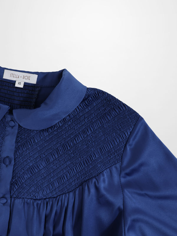 Faux Satin Micro Stitch Blouse-Navy