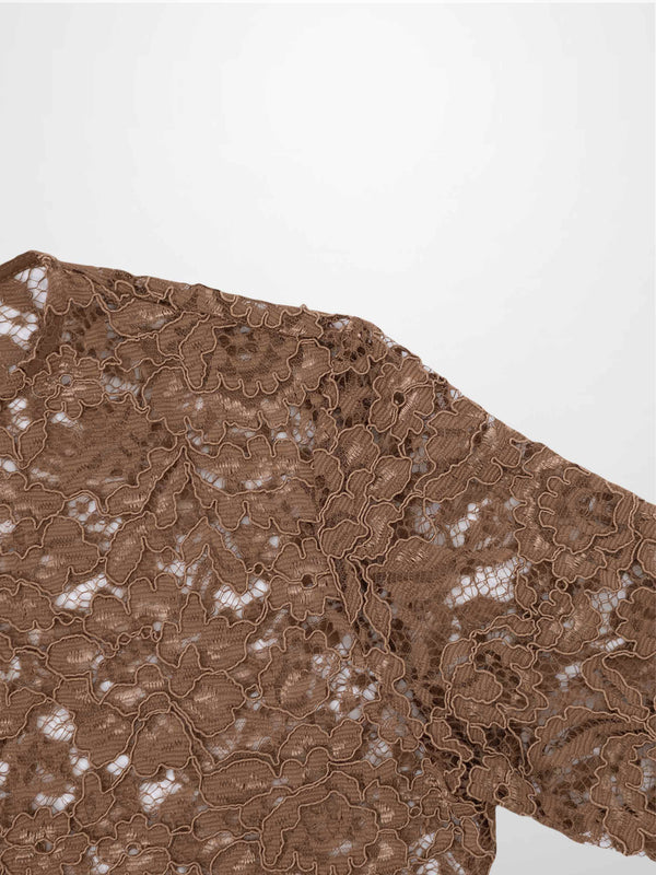 Lace Button Down Cardigan Top-Brown