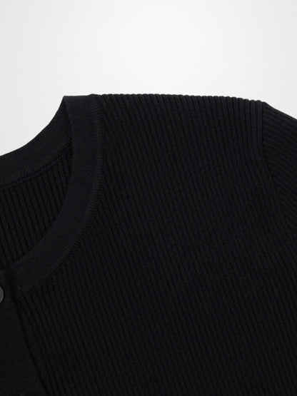 Ribbed Crew Neck Cardigan-Black