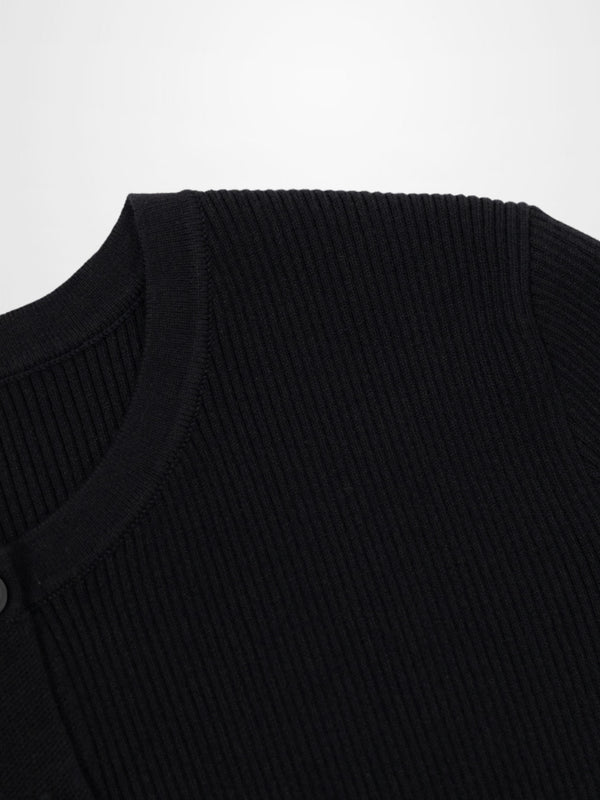 Ribbed Crew Neck Cardigan-Black