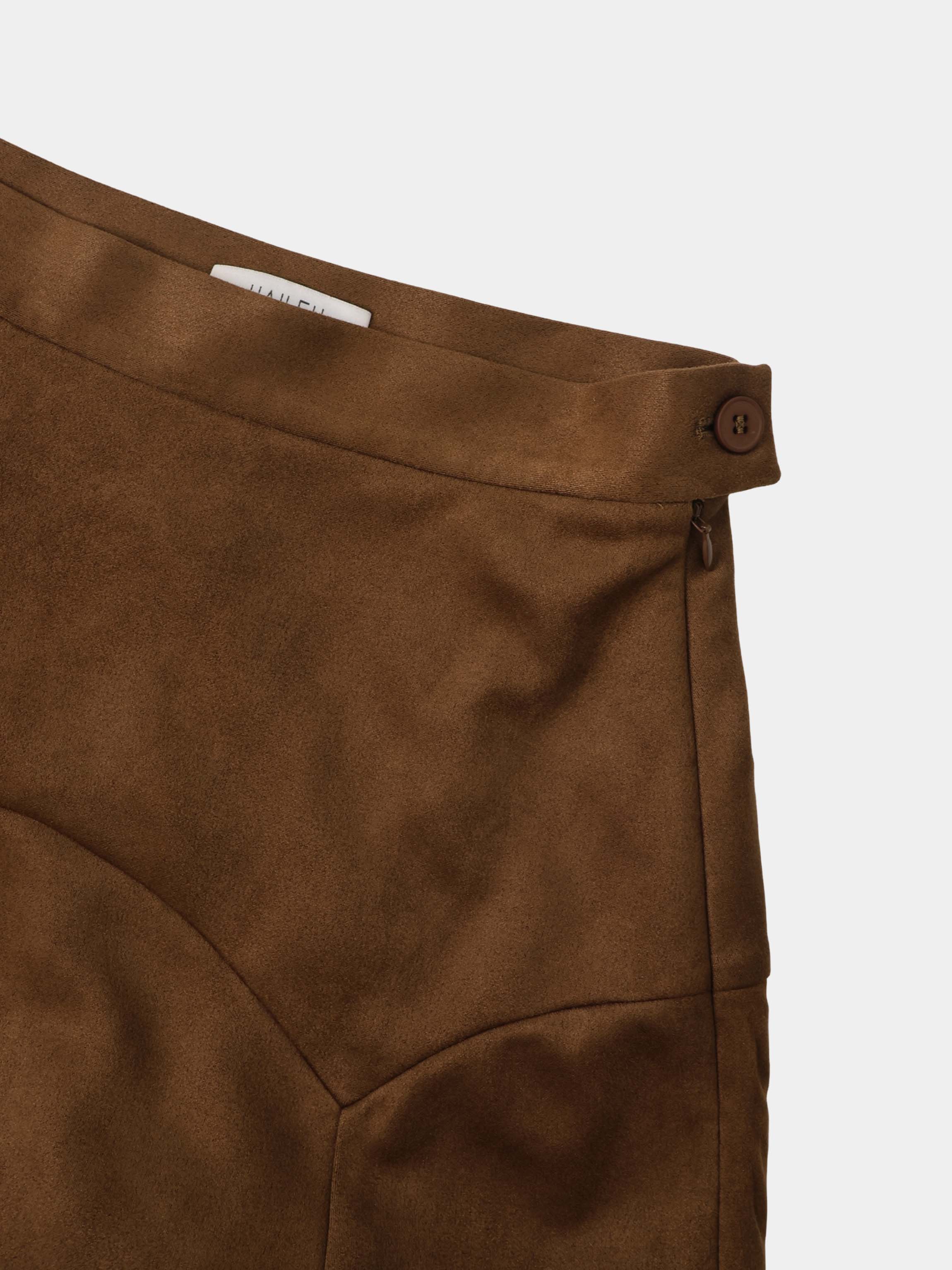 Curved Yoke Faux Suede Skirt - Brown