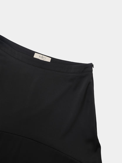 Curved Yoke Faux Satin Skirt - Black