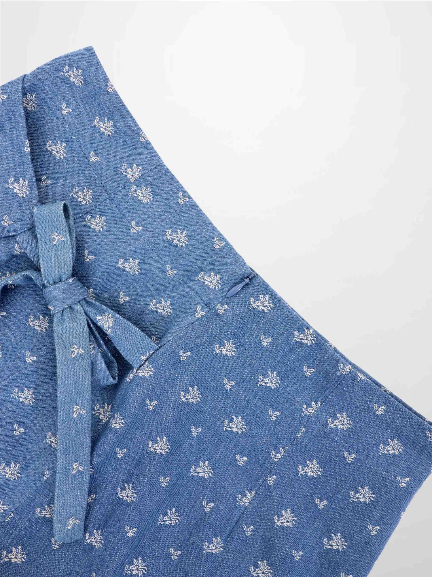 Mock Wrap Edged Detail Skirt-Blue Floral