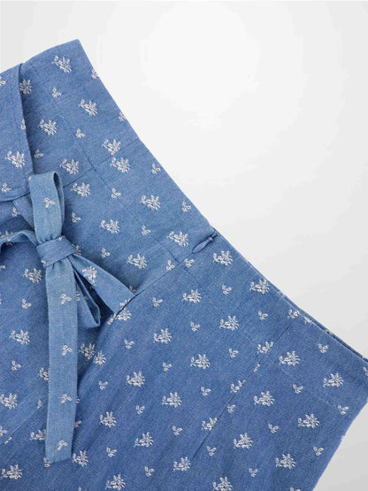 Mock Wrap Edged Detail Skirt-Blue Floral