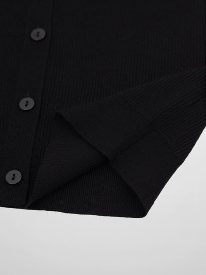 Ribbed Crew Neck Cardigan-Black