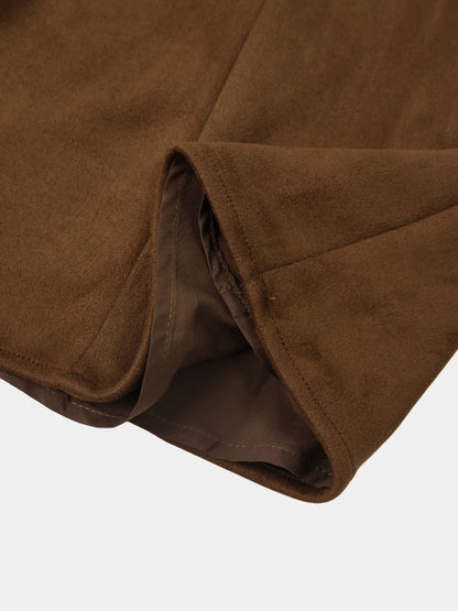 Curved Yoke Faux Suede Skirt - Brown