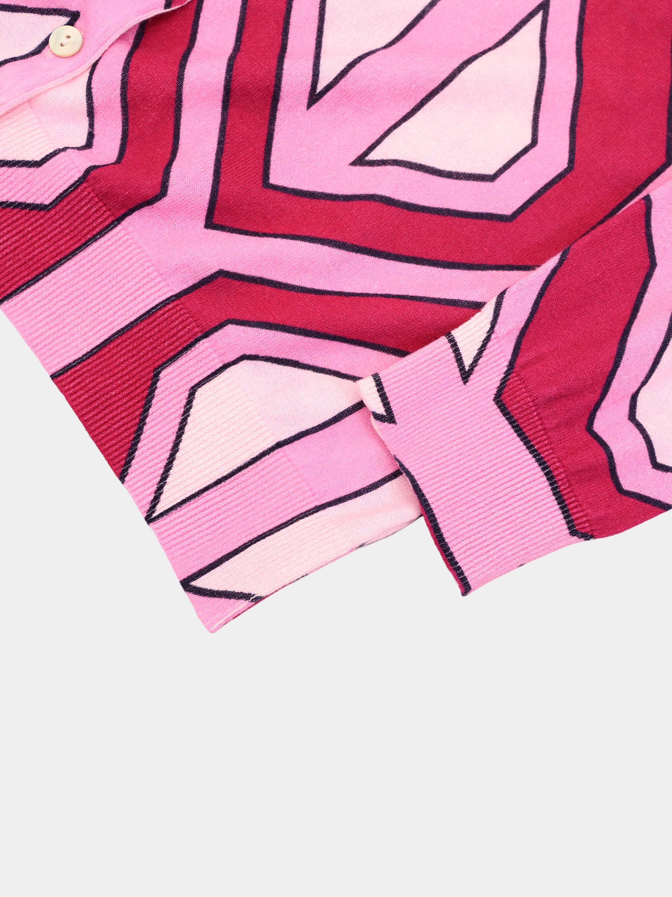 Printed Thin Button-Down Crew Cardigan-Pink Geometric