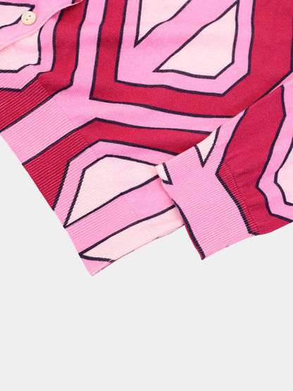 Printed Thin Button-Down Crew Cardigan-Pink Geometric