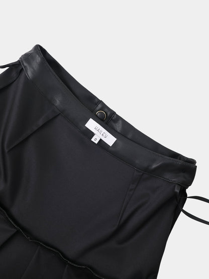 Yoke Faux Leather Pleat Skirt - Black